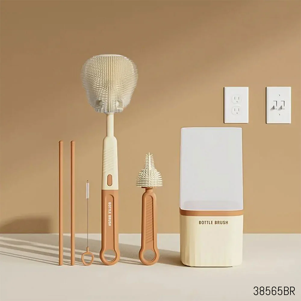 ست شیشه شور و نی شور سیلیکونی مدل Premium 4in1 رنگ قهوه‌ای
